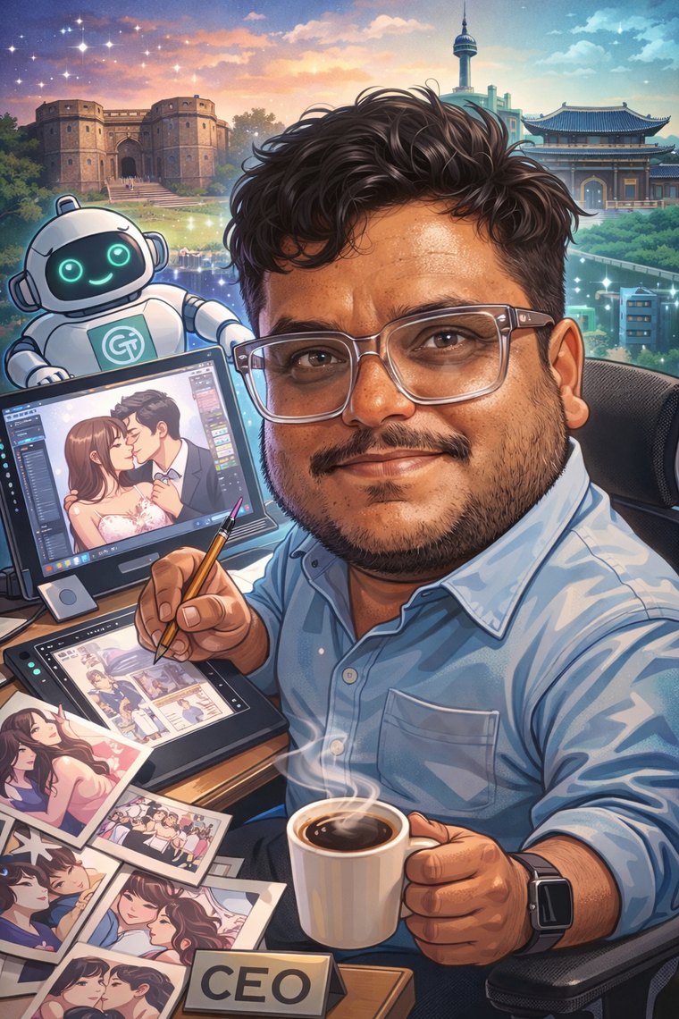 Sanket Phakatkar, founder of Build With Jupiter, at his desk working on comic and storyboard art